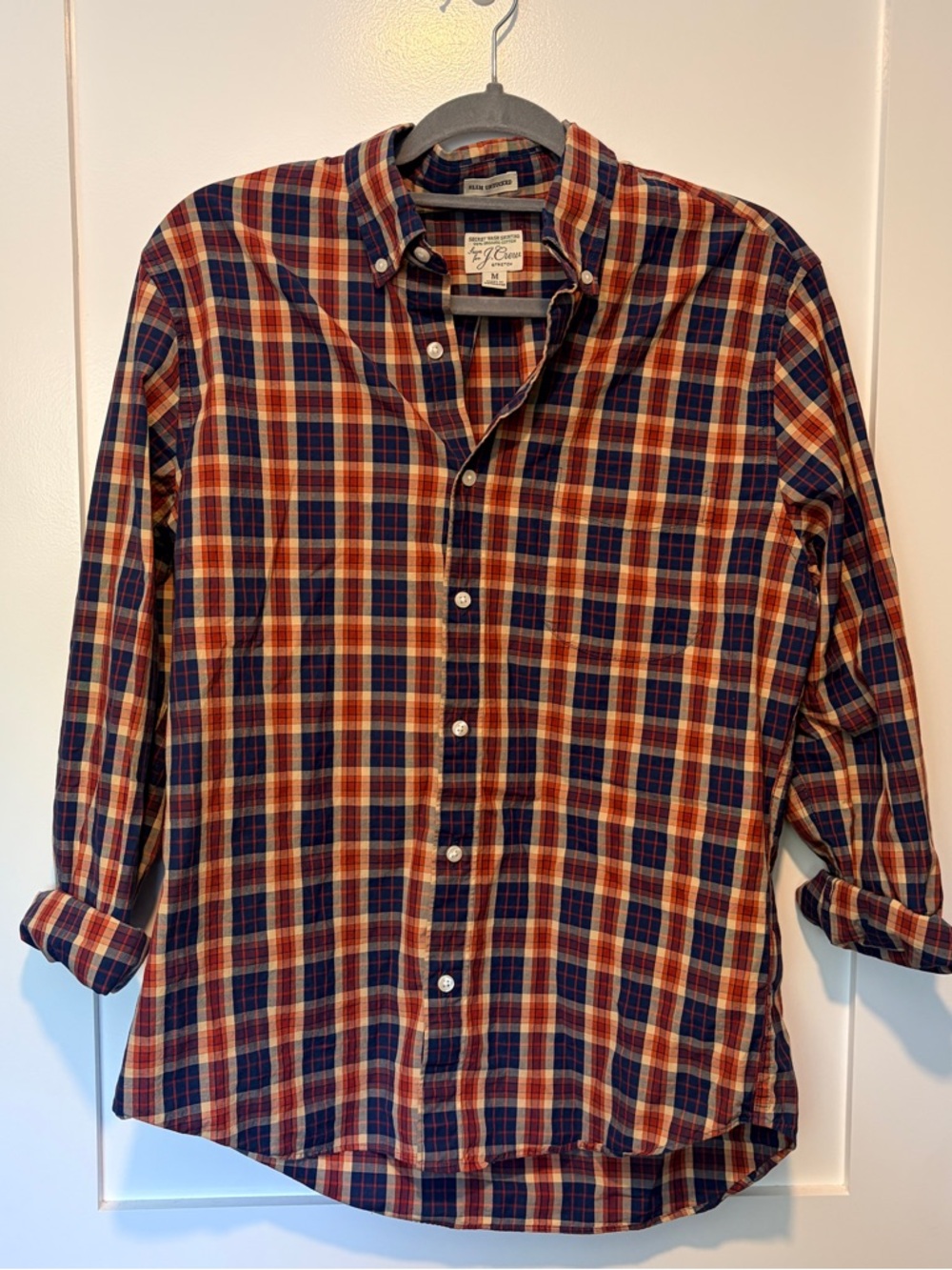 J. Crew Men's Plaid Button-Down Shirt - Navy, Rust Slim Untucked Stretch Size M